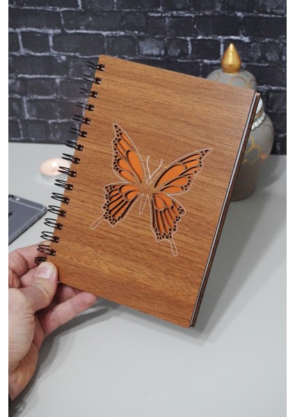 Kelebek Desenli Ahşap Defter Ajanda Günlük Çizgisiz Defter A5 Notebook