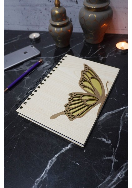 Kelebek Desenli Ahşap Kapaklı Defter Ajanda Günlük Çizgisiz Defter A5 Notebook