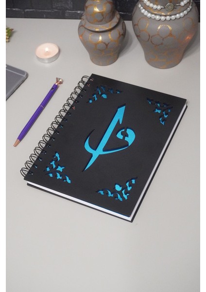 Elif Vav Siyah Ahşap Kapaklı Defter Ajanda Günlük Dini Çizgisiz Defter A5 Notebook