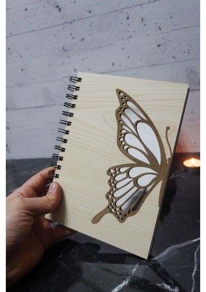 Kelebek Desenli Ahşap Kapaklı Defter Ajanda Günlük Çizgisiz Defter