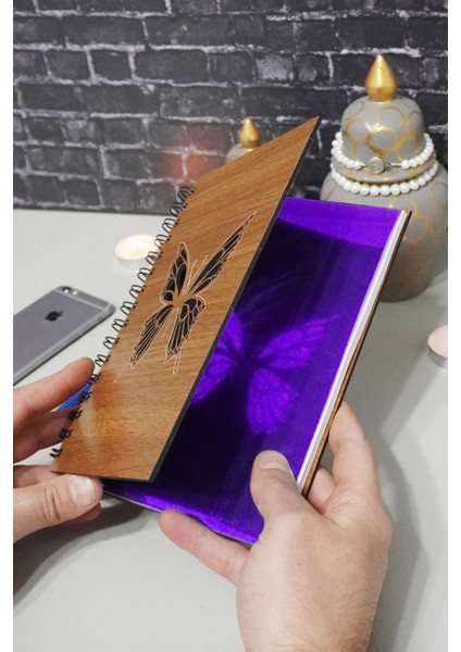 Kelebek Desenli Ahşap Defter Ajanda Günlük Çizgisiz Defter Resim Defteri