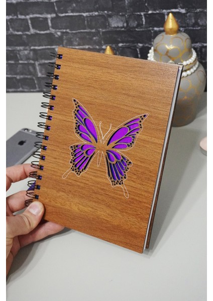 Kelebek Desenli Ahşap Defter Ajanda Günlük Çizgisiz Defter Resim Defteri