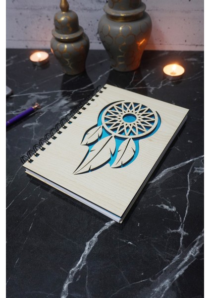 Rüya Kapanı Desenli Ahşap Kapaklı Defter Ajanda Günlük Notebook Düz Çizgisiz