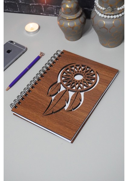 Rüya Kapanı Desenli Ahşap Defter Ajanda A5 Notebook Çizgisiz Defter A5 Notebook