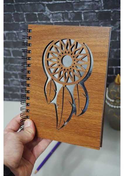 Rüya Kapanı Desenli Ahşap Defter Ajanda A5 Notebook Çizgisiz Defter A5 Notebook
