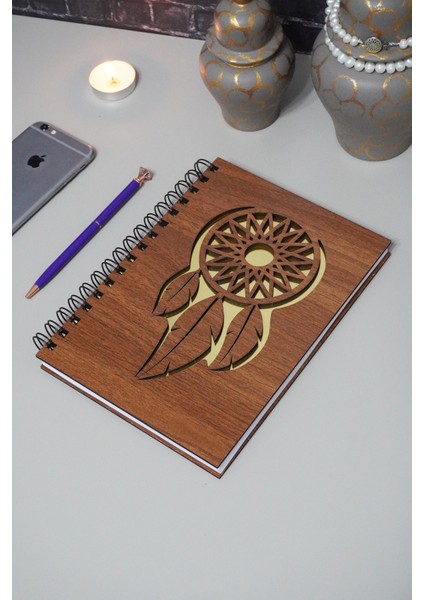Rüya Kapanı Desenli Ahşap Defter Günlük Çizgisiz Anı Defteri Resim Defteri