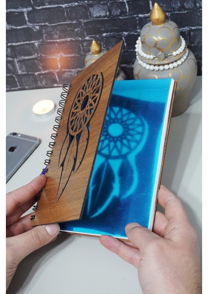 Rüya Kapanı Desenli Ahşap Defter A5 Notebook Günlük Çizgisiz Anı Defteri
