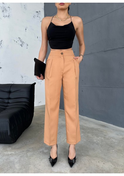 Kadın Double Kumaş Klasik Model Camel Pantolon