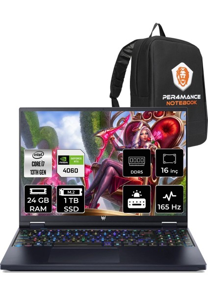 Predator Helios 16 Intel Core I7 13700HX 24GB 1tb SSD RTX4060/8GB 165HZ 16'' Qhd+ Fdos Taşınabilir Bilgisayar NH.QJQEY.001 & Per4 Çanta NHQJQEYP313