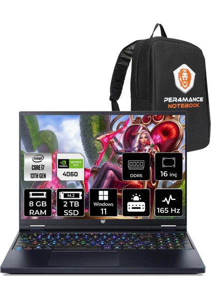 Predator Helios 16 Intel Core I7 13700HX 8gb 2tb SSD RTX4060/8GB 165HZ 16'' Qhd+ W11H Taşınabilir Bilgisayar NH.QJQEY.001 & Per4 Çanta NHQJQEYP344