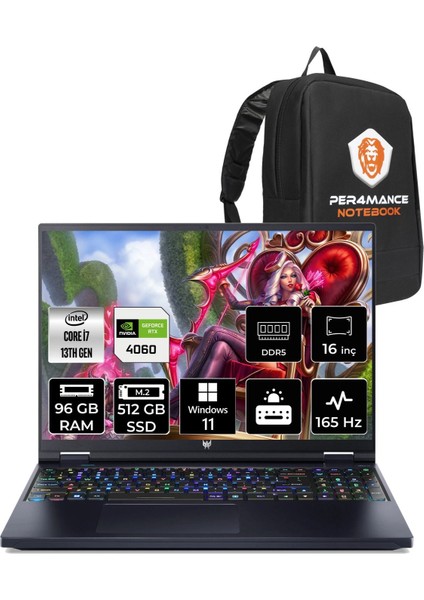 Predator Helios 16 Intel Core I7 13700HX 96GB 512GB SSD RTX4060/8GB 165HZ 16'' Qhd+ W11H Taşınabilir Bilgisayar NH.QJQEY.001 & Per4 Çanta NHQJQEYP377