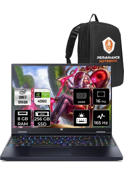 Predator Helios 16 Intel Core I7 13700HX 8gb 256GB SSD RTX4060/8GB 165HZ 16'' Qhd+ Fdos Taşınabilir Bilgisayar NH.QJQEY.001 & Per4 Çanta NHQJQEYP301