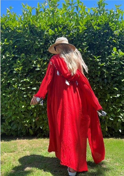 Kırmızı Boncuk Detaylı Kapüşonlu Kimono modelleri