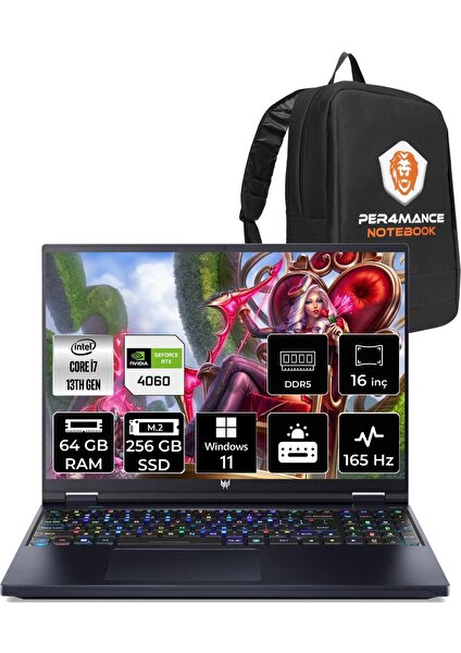 Predator Helios 16 Intel Core I7 13700HX 64GB 256GB SSD RTX4060/8GB 165HZ 16'' Qhd+ W11P Taşınabilir Bilgisayar NH.QJQEY.001 & Per4 Çanta NHQJQEYP411