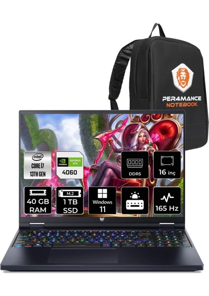 Predator Helios 16 Intel Core I7 13700HX 40GB 1tb SSD RTX4060/8GB 165HZ 16'' Qhd+ W11H Taşınabilir Bilgisayar NH.QJQEY.001 & Per4 Çanta NHQJQEYP363