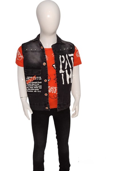 Erkek Çocuk Yazlık Yazı Baskılı Kot Yelek Pantolon T-Shirt 3'lü Takım