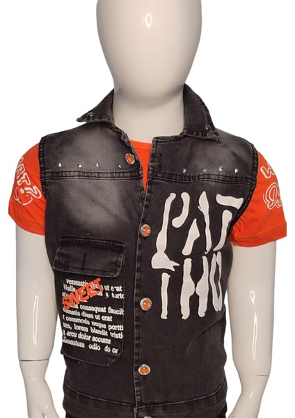 Erkek Çocuk Yazlık Yazı Baskılı Kot Yelek Pantolon T-Shirt 3'lü Takım modelleri