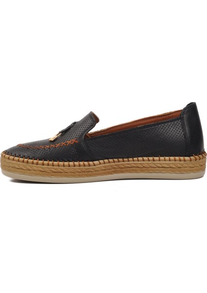 394162 Siyah Hakiki Deri Kadın Loafer Ayakkabı GENİŞ KALIP