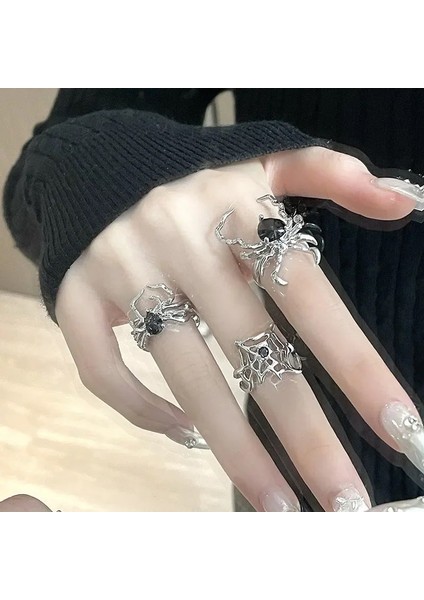 Siyah Taşlı Spider 3 Lü Gotik Yüzük Seti Ayarlanabilir