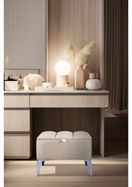 Vetra Mini Royal Krem Kumaş Sandıklı Puf Gümüş Ayak Dekoratif Bench