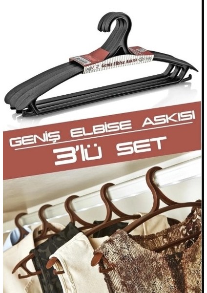 Geniş Elbise Askısı (Palto Askısı) 3'lü Set - Antrasit