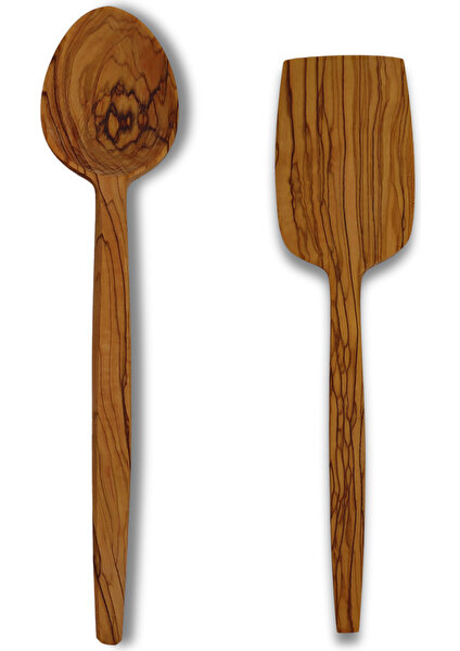 Bef Craft Tahta Kaşık Yemek Kaşığı Ahşap Spatula Servis 2'li Set Zeytin Ağacı Mutfak Gereçleri Yemek Takımı