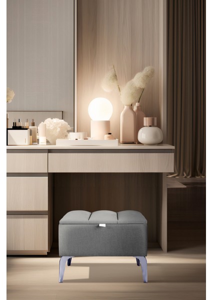 Vetra Mini Royal Gri Kumaş Sandıklı Puf Gümüş Ayak Dekoratif Bench