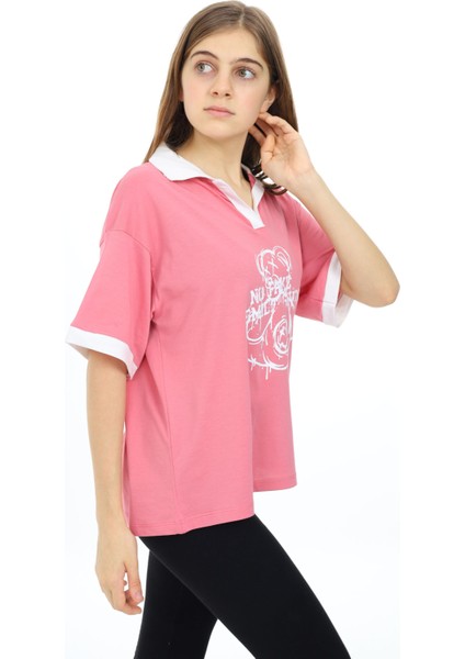 Pembe Ayıcık Baskılı Yakalı Oversize Kız Tişört 17819 fiyatları