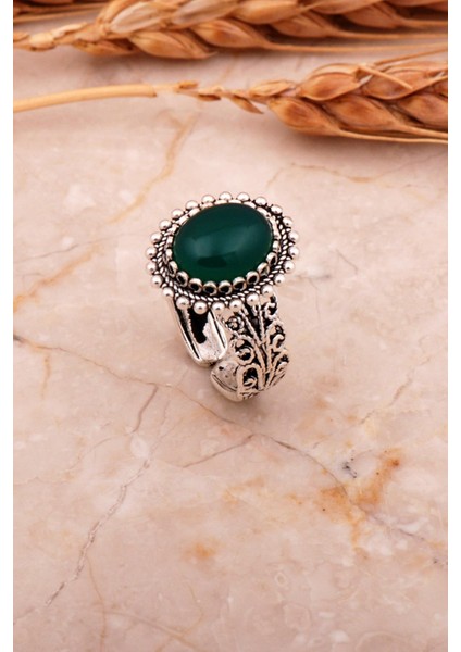 Yeşil Akik Taşlı Telkari Elişi Oval Gümüş Yüzük 3755