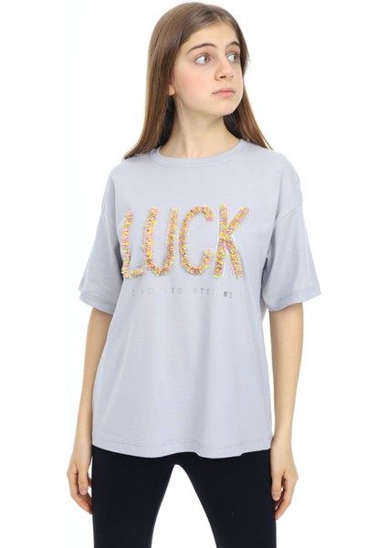 Gri Luck Yazılı Bisiklet Yaka Kız Tişört 17805 modelleri
