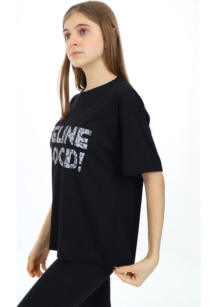 Siyah Leopar Desenli Yazılı Bisiklet Yaka Kız T-Shirt 17779 fiyatları