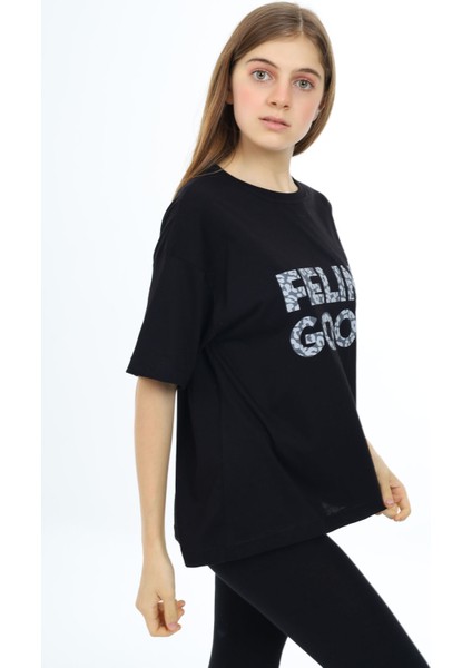 Siyah Leopar Desenli Yazılı Bisiklet Yaka Kız T-Shirt 17779 modelleri