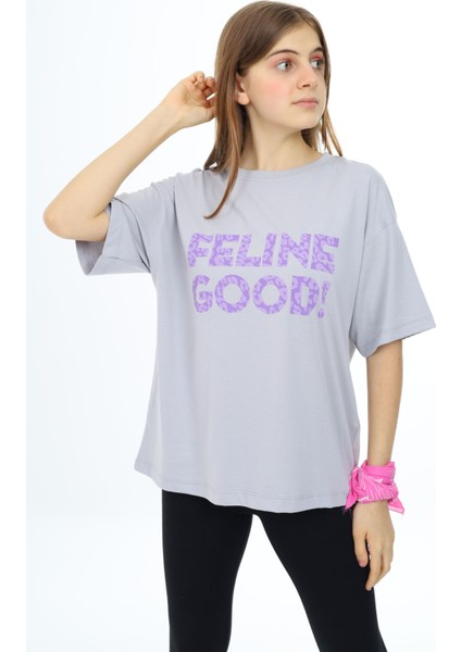Gri Leopar Desenli Yazılı Bisiklet Yaka Kız T-Shirt 17778