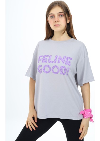 Gri Leopar Desenli Yazılı Bisiklet Yaka Kız T-Shirt 17778 modelleri