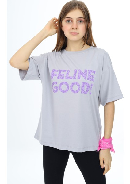 Gri Leopar Desenli Yazılı Bisiklet Yaka Kız T-Shirt 17778 fırsatları