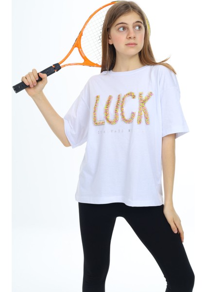 Beyaz Luck Yazılı Bisiklet Yaka Kız Tişört 17804