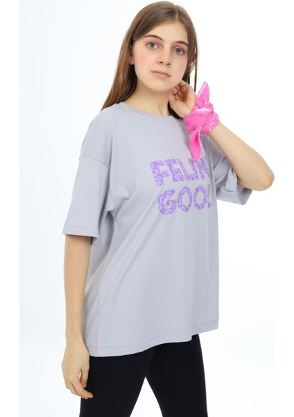 Gri Leopar Desenli Yazılı Bisiklet Yaka Kız T-Shirt 17778 fiyatları