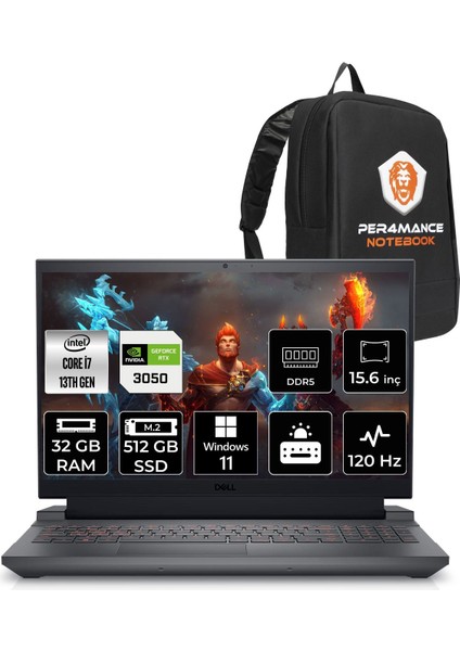 Gaming G15 5530 Intel Core I7 13650HX 32GB 512GB SSD RTX3050/6GB 120HZ 15.6'' Fhd W11P Taşınabilir Bilgisayar G55302401005H & Per4 Çanta G55302401005HP357