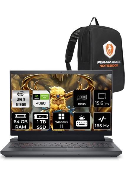 Gaming G15 5530 Intel Core I9 13900HX 64GB 1tb SSD RTX4060/8GB 165HZ 15.6" Fhd W11H Taşınabilir Bilgisayar G55302401017U & Per4 Çanta G55302401017UP103