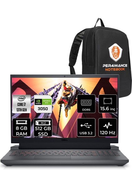 Gaming G15 5530 Intel Core I7 13650HX 8gb 512GB SSD RTX3050/6GB 120HZ 15.6'' Fhd Fdos Taşınabilir Bilgisayar G55302401005U & Per4 Çanta G55302401005UP32