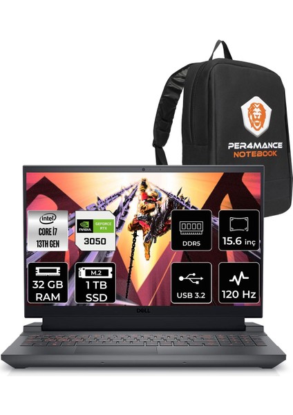 Gaming G15 5530 Intel Core I7 13650HX 32GB 1tb SSD RTX3050/6GB 120HZ 15.6'' Fhd Fdos Taşınabilir Bilgisayar G55302401005U & Per4 Çanta G55302401005UP48