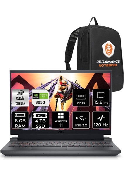 Gaming G15 5530 Intel Core I7 13650HX 8gb 4tb SSD RTX3050/6GB 120HZ 15.6'' Fhd W11H Taşınabilir Bilgisayar G55302401005U & Per4 Çanta G55302401005UP75