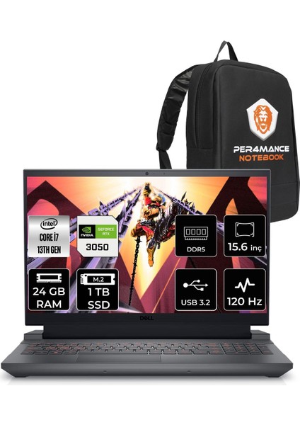 Gaming G15 5530 Intel Core I7 13650HX 24GB 1tb SSD RTX3050/6GB 120HZ 15.6'' Fhd Fdos Taşınabilir Bilgisayar G55302401005U & Per4 Çanta G55302401005UP43