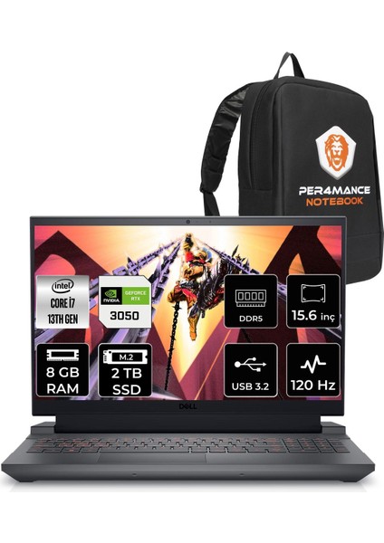 Gaming G15 5530 Intel Core I7 13650HX 8gb 2tb SSD RTX3050/6GB 120HZ 15.6'' Fhd Fdos Taşınabilir Bilgisayar G55302401005U & Per4 Çanta G55302401005UP34