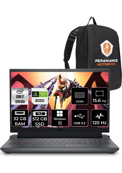 Gaming G15 5530 Intel Core I7 13650HX 32GB 512GB SSD RTX3050/6GB 120HZ 15.6'' Fhd W11H Taşınabilir Bilgisayar G55302401005U & Per4 Çanta G55302401005UP87