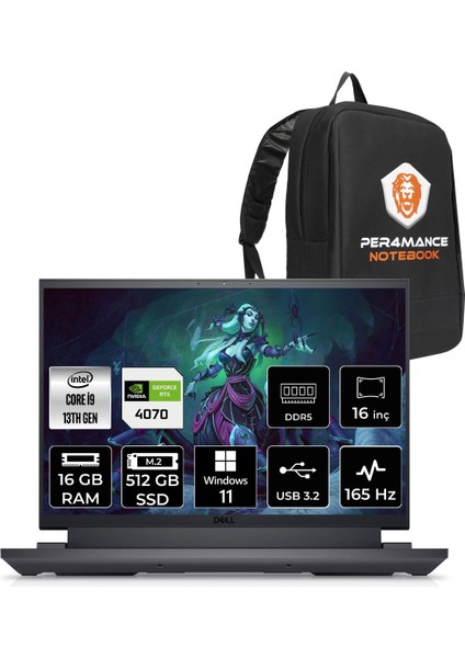 Gaming G16 7630 Intel Core I9 13900HX 16GB 512GB SSD RTX4070/8GB 165HZ 16'' Qhd+ W11H Taşınabilir Bilgisayar G76302401022U & Per4 Çanta G76302401022UP77