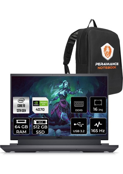 Gaming G16 7630 Intel Core I9 13900HX 64GB 512GB SSD RTX4070/8GB 165HZ 16'' Qhd+ Fdos Taşınabilir Bilgisayar G76302401022U & Per4 Çanta G76302401022UP62
