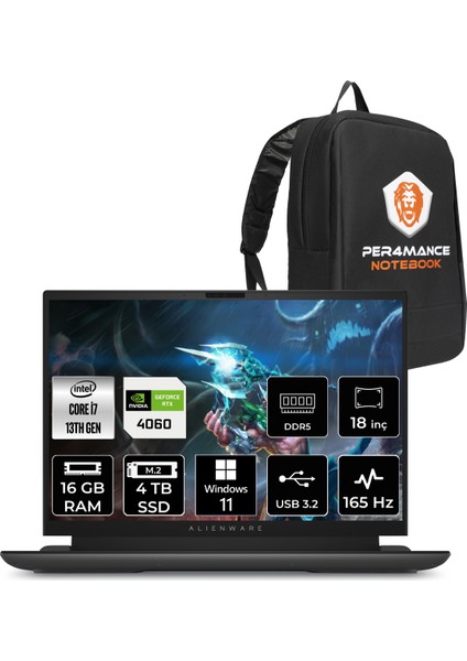 Alienware M18 R1 Intel Core I7 13700HX 16GB 4tb SSD RTX4060/8GB 165HZ 18" Qhd+ W11H Taşınabilir Bilgisayar & Per4 Çanta AWM18I7X80WHP310