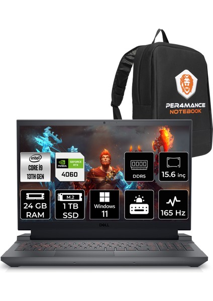 Gaming G15 5530 Intel Core I9 13900HX 24GB 1tb SSD RTX4060/8GB 165HZ 15.6" Fhd W11P Taşınabilir Bilgisayar G155530016WH & Per4 Çanta G155530016WHP83