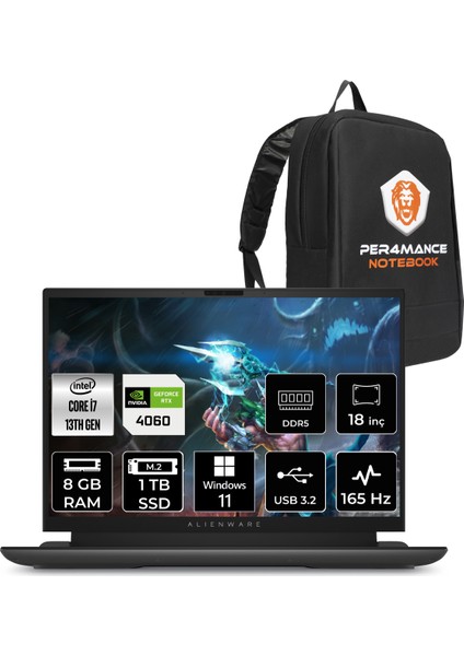 Alienware M18 R1 Intel Core I7 13700HX 8gb 1tb SSD RTX4060/8GB 165HZ 18" Qhd+ W11P Taşınabilir Bilgisayar & Per4 Çanta AWM18I7X80WHP343